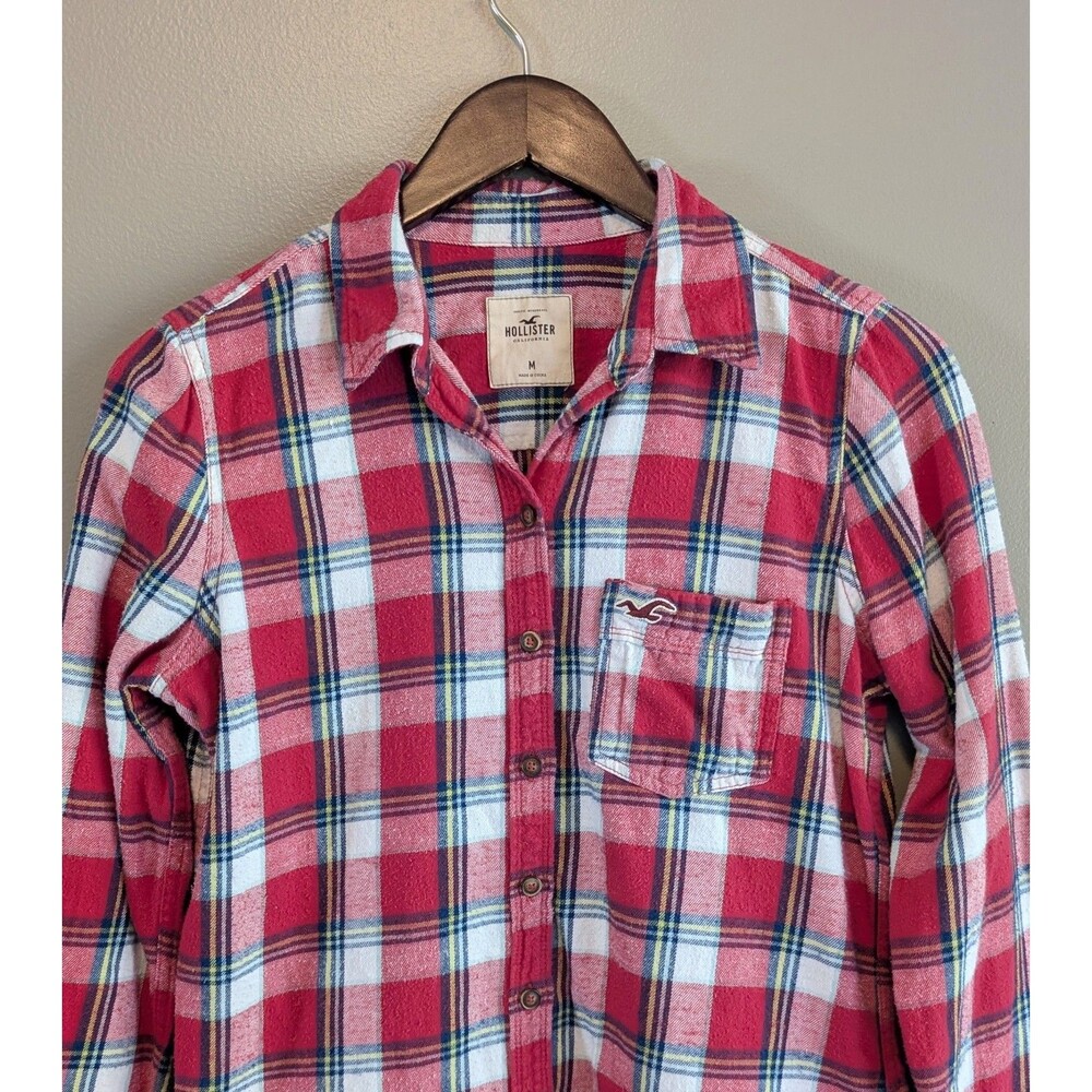 Hollister Flannel Shirt Womens Medium M Red White Plaid Button Down Pocket